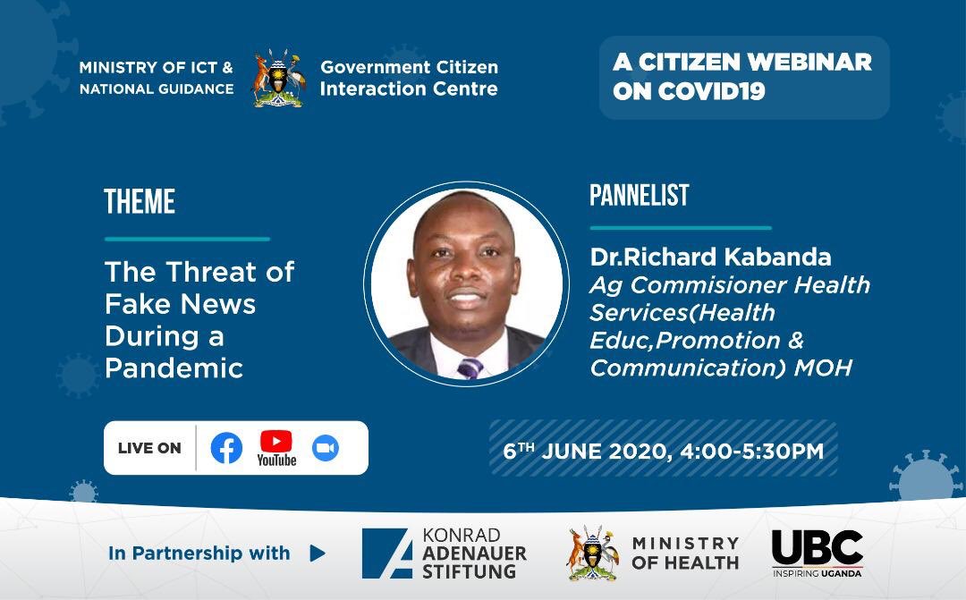 Tomorrow, Saturday 6 June, we bring to you the third series of the #COVIDWebinarsUG

Topic: The Threat of Fake News During a Pandemic.

Time: 4:00- 5:30PM

🎥: @ubctvuganda