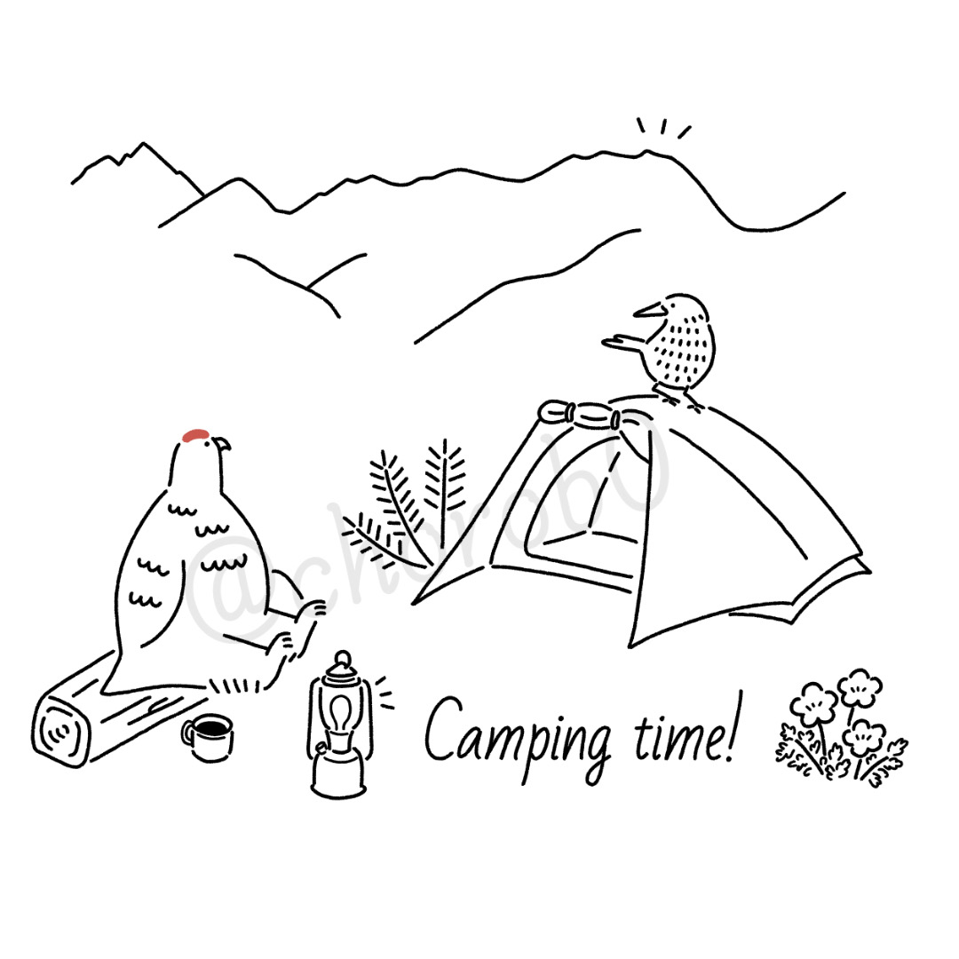 立山連峰の稜線をバックにキャンプしているライチョウとホシガラスを描いてみました

毎年少しずつライチョウのデザインを増やしています

https://t.co/8QfryynU9v

#ライチョウ
#雷鳥
#登山 
#立山
#SUZURI夏のTシャツセール 