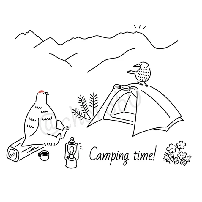 立山連峰の稜線をバックにキャンプしているライチョウとホシガラスを描いてみました毎年少しずつライチョウのデザインを増やしていますライチョウ#雷鳥#登山 #立山#SUZURI夏のTシャツセール 