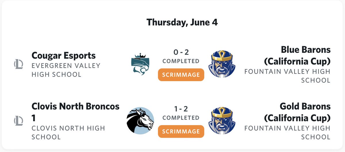 mrlavrovsclass's tweet photo. Both FVHS teams won their California Cup playoff matches today. They will face off against each other in the Quarter Finals. The match will be streamed on Friday June 5 @ 4PM.  
Please follow our Twitch channel:
https://t.co/ubcR4W29FR

@fvhsbbn @FVHSbarons @FVHS_Athletics @fvasb https://t.co/4yqHoaCIWc