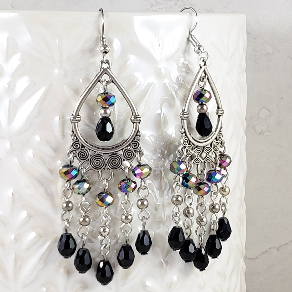 Black, Rainbow, and Silver Teardrop Chandelier Earrings etsy.me/3cv0rvn 
#etsy #SnapdragonJewelryCo #etsyhandmade #etsyjewelry #chandelierearrings #beadedjewelryoftwitter #beadedjewelry #bohoearrings #formalearrings #chandelierearringsforalloccassions