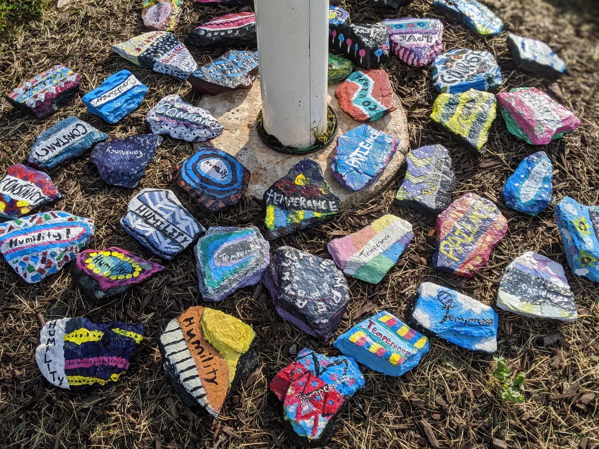 It's been a long time coming. 5th grade artists created these and then winter break, snow, rain...and then closures. Today, I placed them around our flagpole. Courage. Love. Diligence. We need these messages now more than ever. Thank you 5th grade.