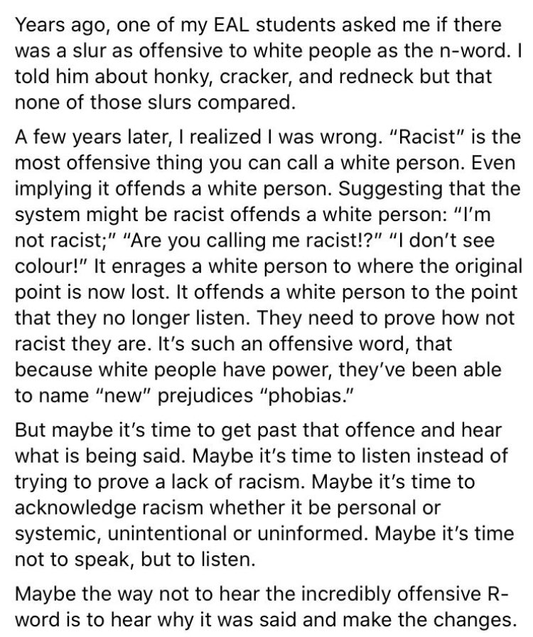 RegPublicSchool's tweet image. One of our teachers wrote this on their social media. It is shared with their permission. It resonates in this time of action and reflection. No hashtags necessary. It is time to listen.