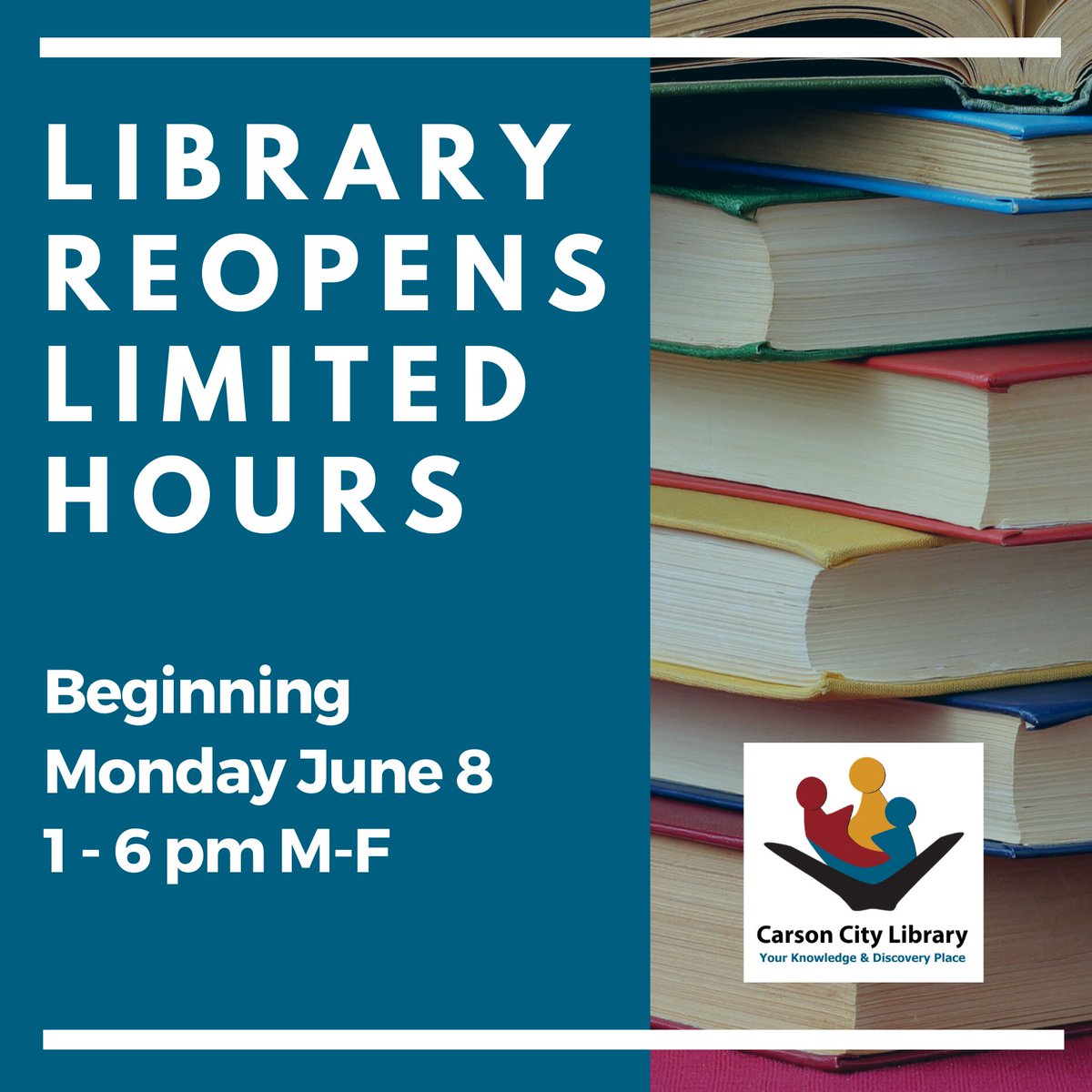 The Carson City Library is reopening to the public for materials pickup and checkout beginning Monday, June 8, with hours of 1 - 6 p.m. Monday through Friday.

Not all areas and services will be available - thank you for your patience as we make an effort to reopen safely!