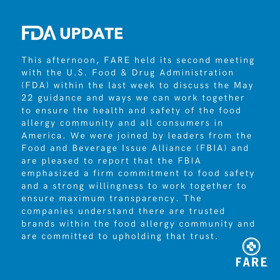 This afternoon, FARE held its second meeting with the <a href="/US_FDA/">U.S. FDA</a> within the last week to discuss the May 22 guidance and ways we can work together to ensure the health and safety of the #foodallergy community and all consumers in America.
