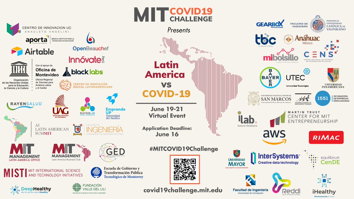 Latin America vs #COVIDー19, el próximo evento del #MITCOVID19Challenge, tendrá como objetivo desarrollar soluciones que tengan un impacto significativo en el corto plazo en Latinoamérica. 
Registro de participantes y mentores aquí: covid19challenge.mit.edu #mit #Latam