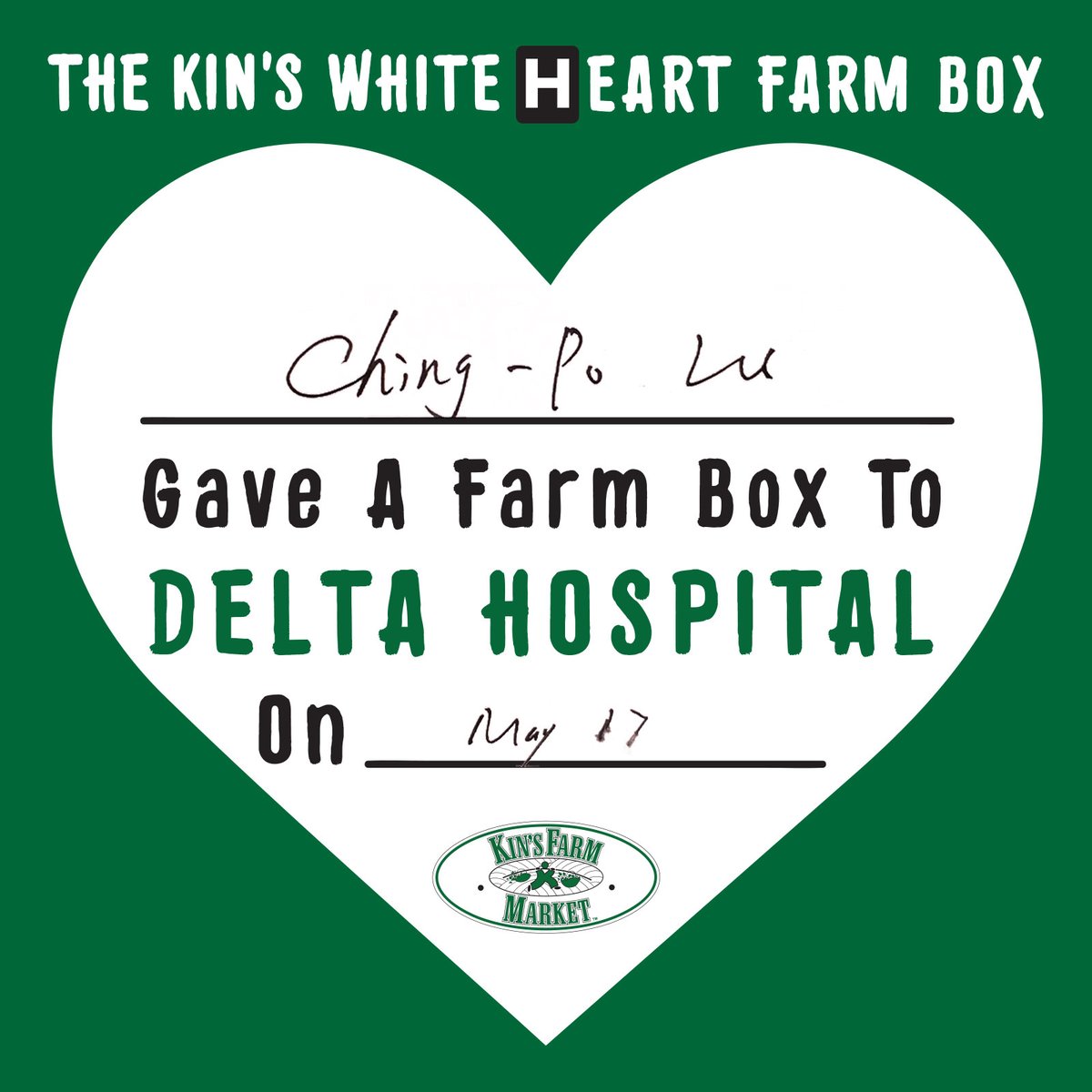 KinsFarmMarket's tweet photo. We'd like to send a HUGE thank you to Ching-Po Lu who so generously donated a #WhiteHeartFarmBox for the #healthcareworkers at #DeltaHospital! Your thoughtfulness is very much appreciated π! #SouthDelta #CommunitySupport #KinsFarmMarket @DHCHFoundation https://t.co/BYHa6nMoVG