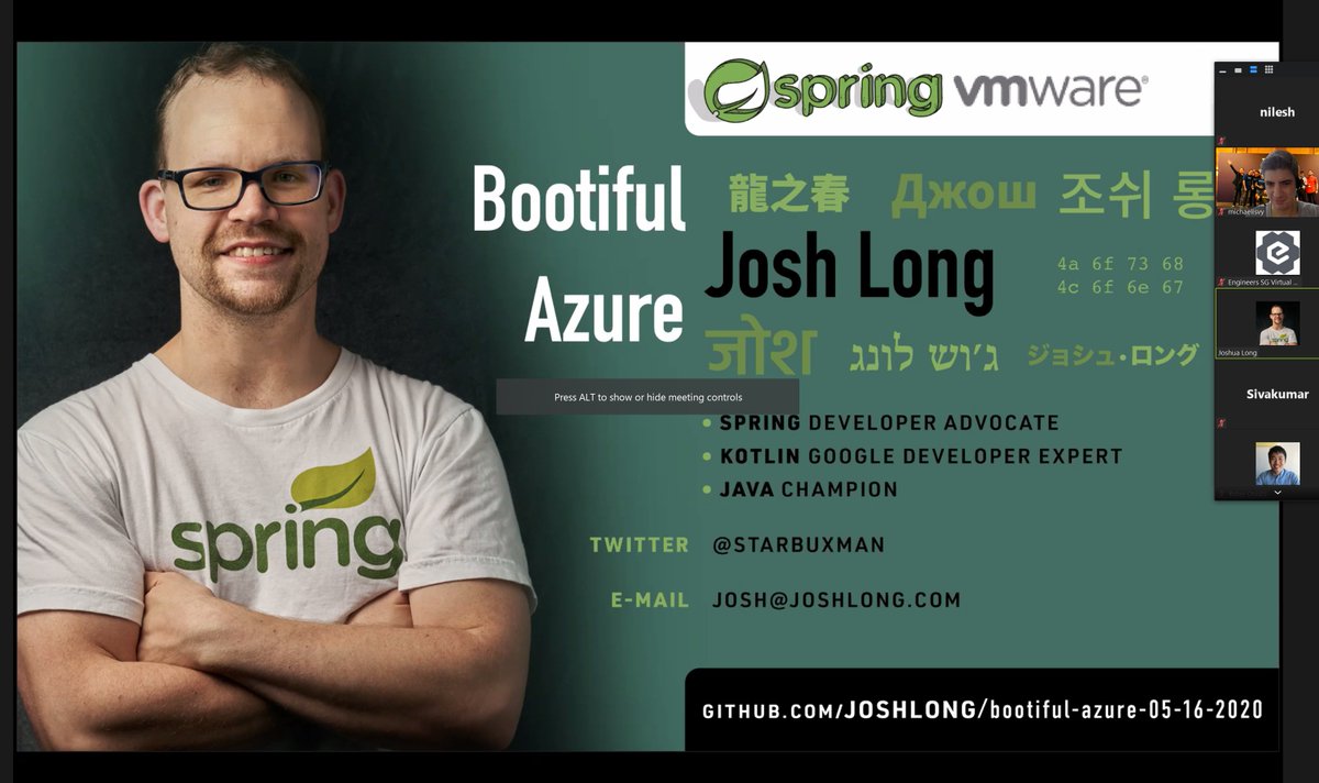 We are live with Bootiful Azure with Josh Long You can still join the virtual meetup meetup.com/en-AU/mssgug/e… @michaelisvy @sakthis