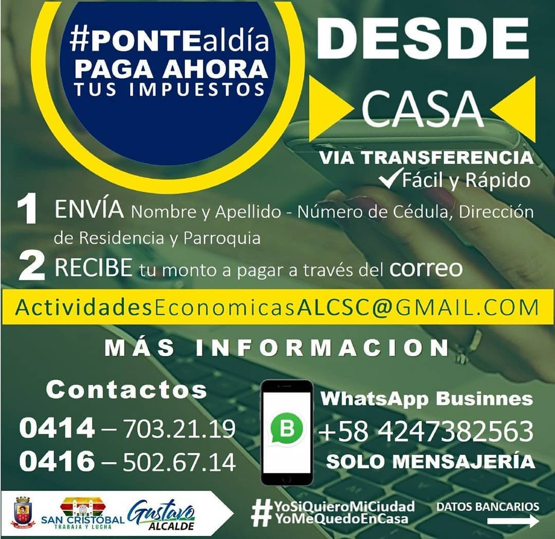 GobiernodeSC's tweet photo. ❇ Recordamos que, a través del correo actividadeseconomicasalcsc@gmail.com pueden solicitar el monto de impuestos a pagar, desde el servicio de aseo urbano hasta actividades económicas ❇
.
👍🏻 Alcalde Gustavo Delgado 👍🏻
📶 Trabaja y Lucha 📶
#AlcaldiaSC #SanCristobal #Tachira https://t.co/OA2jCOvKNy