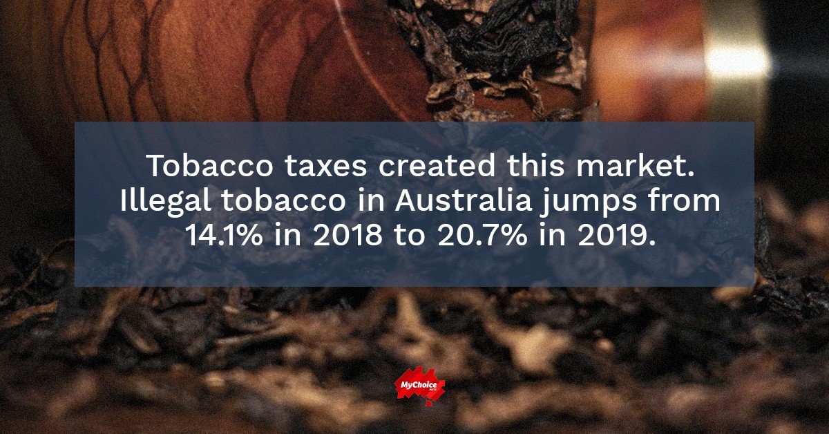 MyChoiceAust's tweet photo. Tobacco taxes created this market. 

A new KPMG report finds illegal tobacco in Australia has jumped from 14.1% in 2018 to 20.7% of the entire market in 2019.

Read the full report here: https://t.co/Xsmw73q2QT https://t.co/ENCYXSInSX