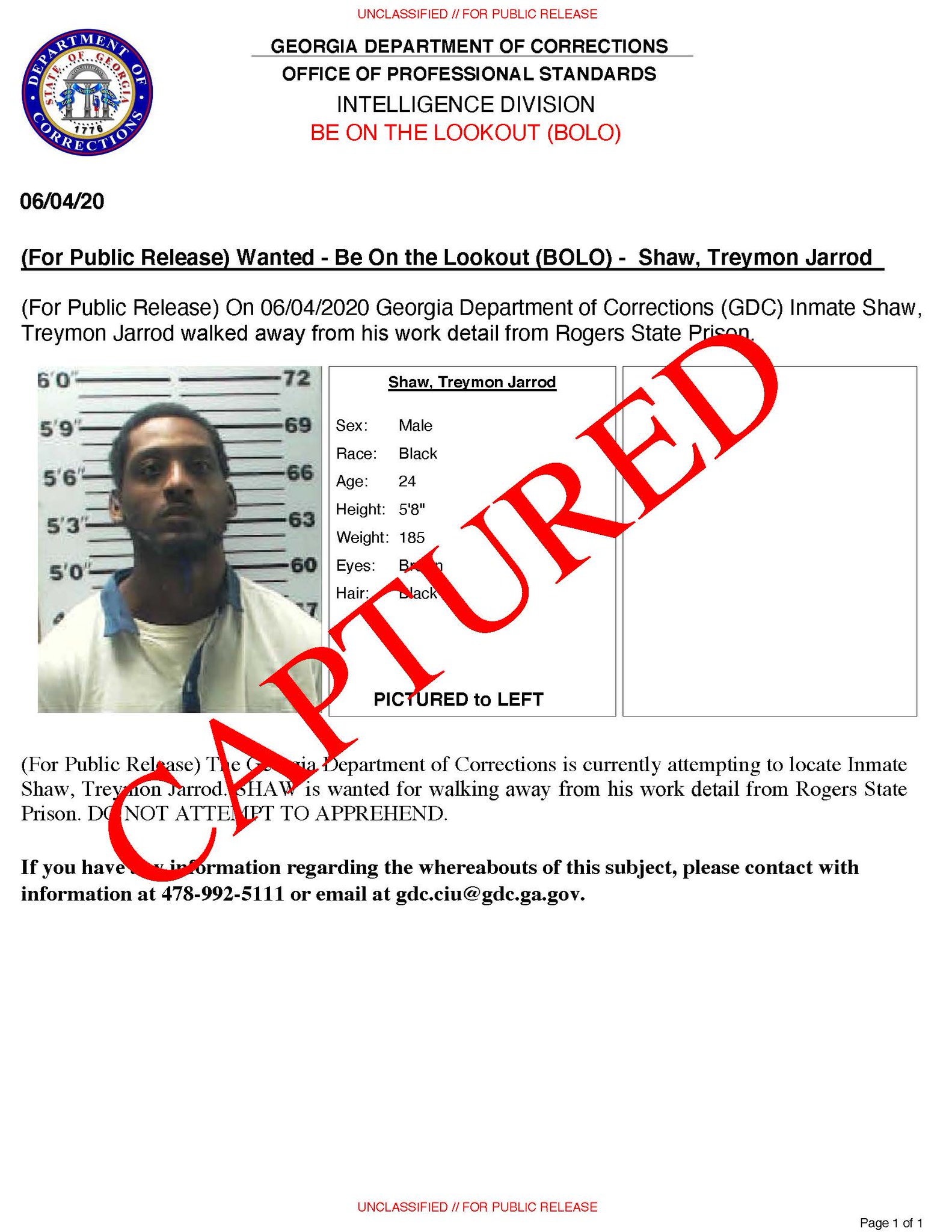 Georgia Corrections Rogers State Prison Inmate Treymon Shaw Was Recaptured W Out Incident At Aprox 7 30pm In Reidsville Ga By The Gdc Interdiction Response Team Wtoc11 Wjcl News Wsav Savannahnow Coastalcourier