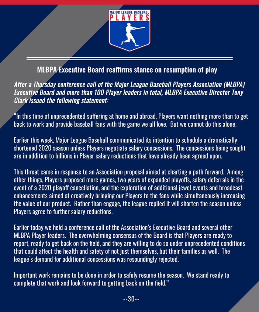 Major League Baseball Players Association Executive Director Tony Clark today released the following statement: