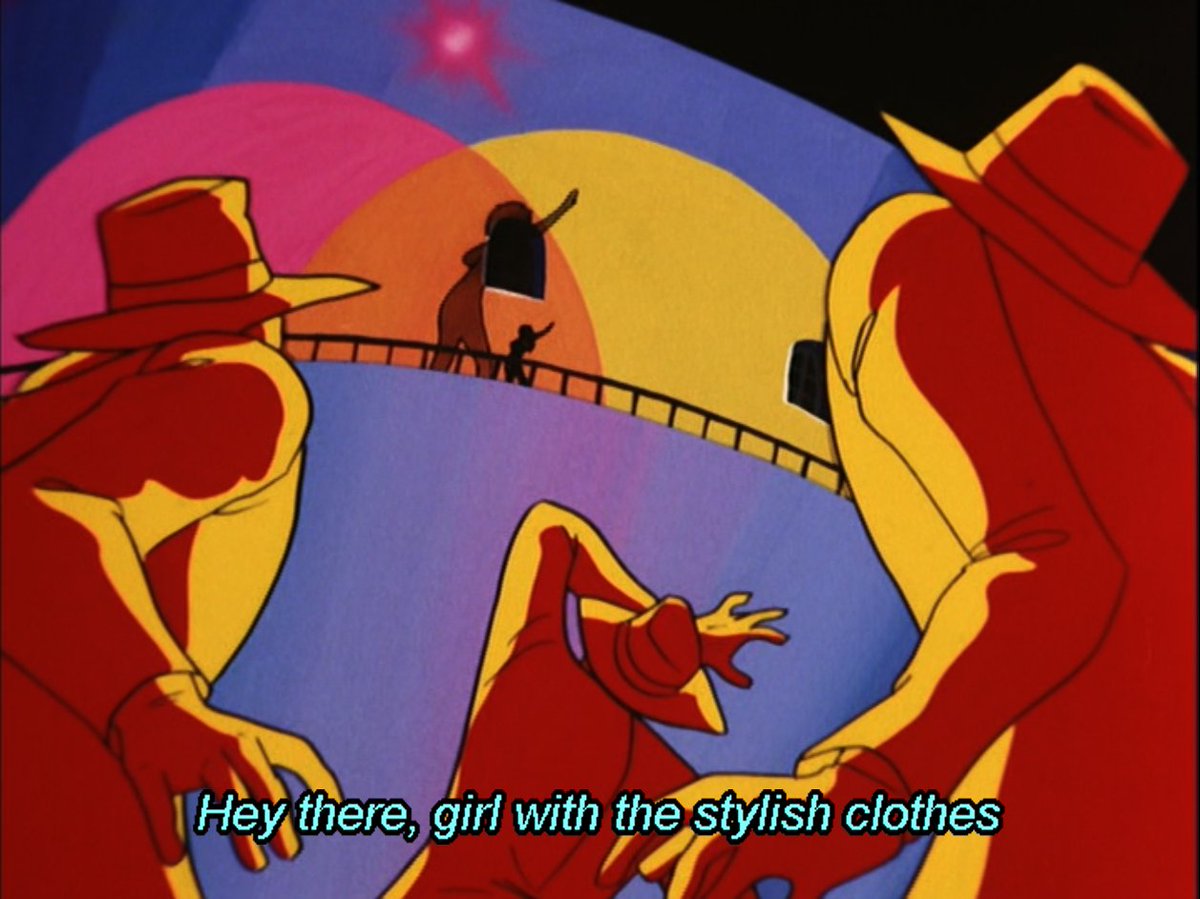 Cutie Honey's first fight against the bad guys begins with her ambushing some goons so she can sing her own theme song about how hot she is at them.
