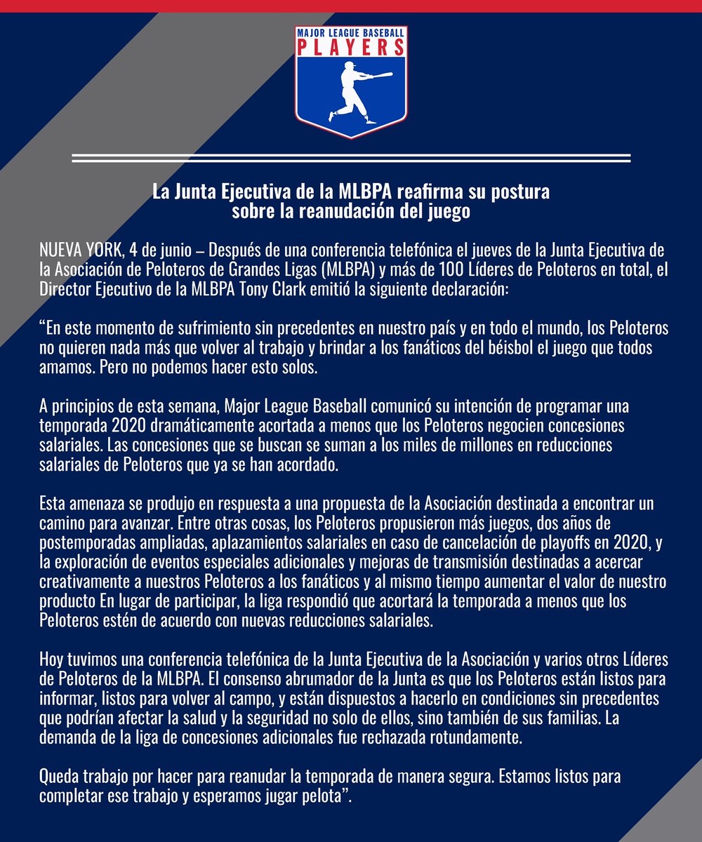 El Director Ejecutivo de la Asociación de Peloteros de Grandes Ligas, Tony Clark, emitió hoy la siguiente declaración: