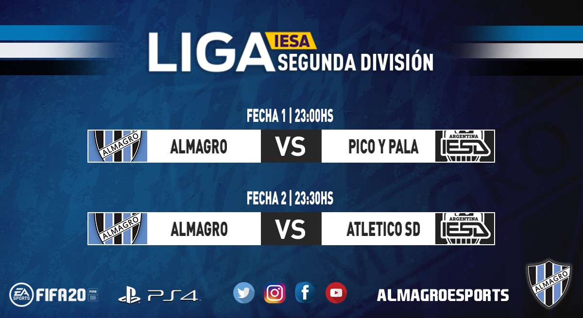 AlmagroeSports's tweet photo. Esta noche jugaremos la liga @IESAArgentina en la 2da división contra Pico y Pala a las 23:00hs y contra Atlético SD a las 23:30hs.
#iesa #PS4 #argentina #football #fútbol #almagro #almagroesports https://t.co/TSOdVSi2yU