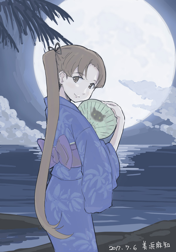 ayanami (kancolle) 1girl japanese clothes hand fan long hair kimono moon side ponytail  illustration images