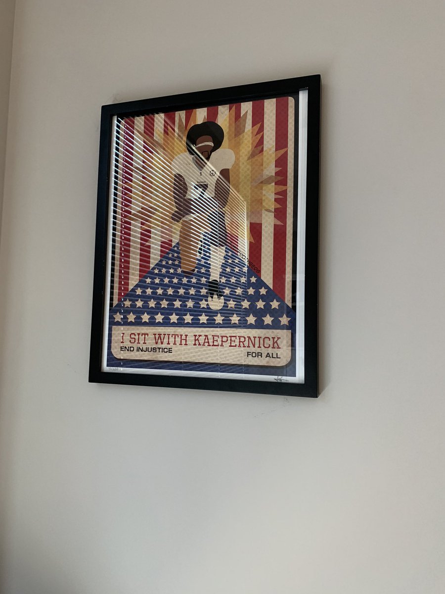 OurWeapon33's tweet photo. I keep these framed in my office so I can never forget the power of sports to force us into discourse, often one that’s not comfortable but undoubtably necessary and vital. #ListenToBlackVoices  (Kapernick print by @JeffRothberg - @Nike ad with @KingJames statement from @nytimes) https://t.co/k1O6kYBAD6