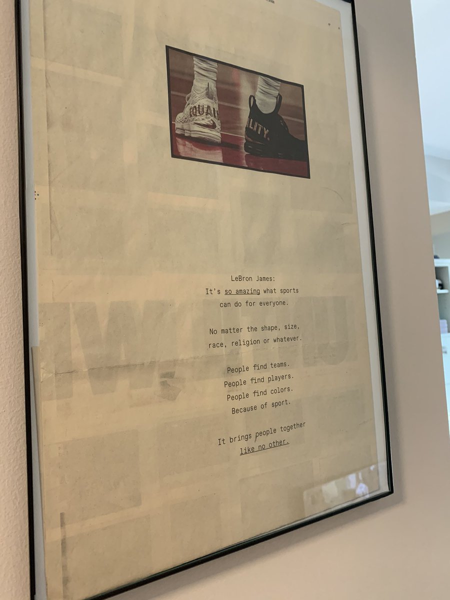 OurWeapon33's tweet photo. I keep these framed in my office so I can never forget the power of sports to force us into discourse, often one that’s not comfortable but undoubtably necessary and vital. #ListenToBlackVoices  (Kapernick print by @JeffRothberg - @Nike ad with @KingJames statement from @nytimes) https://t.co/k1O6kYBAD6
