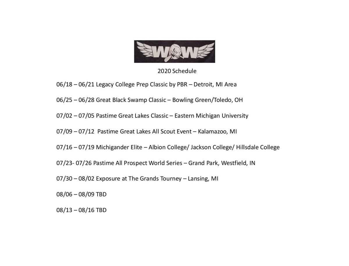 College Coaches, our updated schedule for the 2020 season is below. We have added two events in August after D1 dead period and will provide those events soon!
HC: Kyle Fedorka; kylefedorka@gmail.com; <a href="/KyleFedorka/">Kyle Fedorka</a>