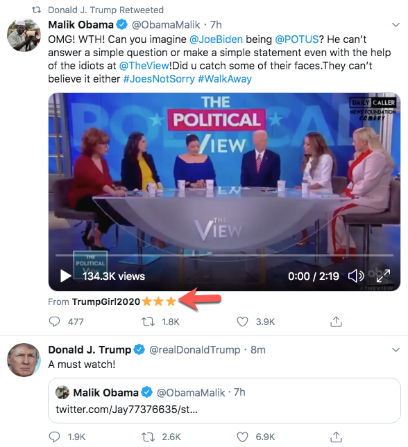 Trump just amplified through a quote tweet and a retweet Malik Obama, a known QAnon supporter. In both amplifications Malik Obama was sharing from QAnon accounts.