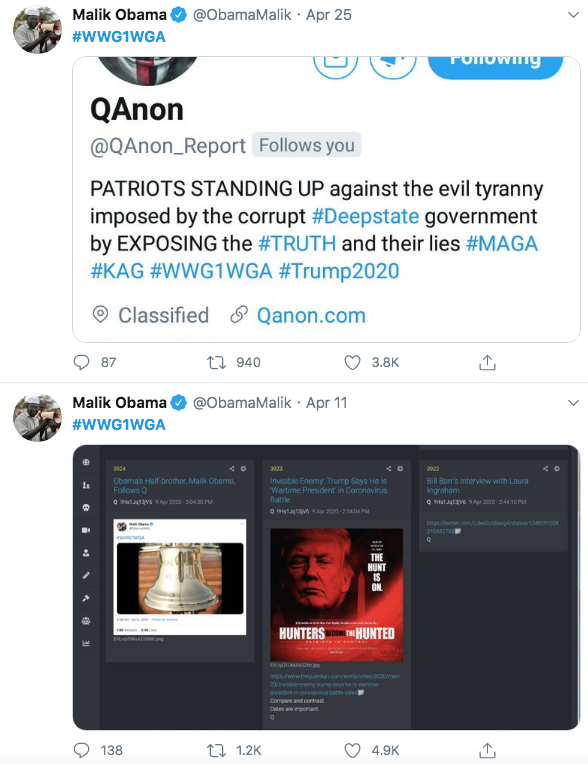 Trump just amplified through a quote tweet and a retweet Malik Obama, a known QAnon supporter. In both amplifications Malik Obama was sharing from QAnon accounts.