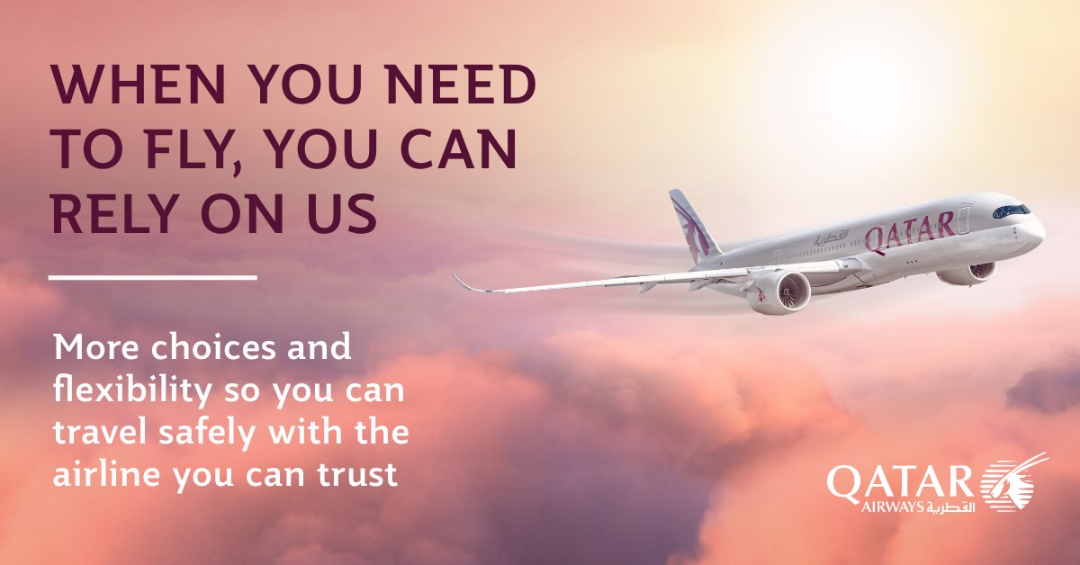 .<a href="/qatarairways/">Qatar Airways</a> are offering even greater flexibility ✈️ Hold on to your ticket – it’s now valid for 2 years, with unlimited changes on your dates. You can also change your destination if it’s within 5,000 miles of the original one #RelyOnUs

Learn more ➡️ qatarairways.com/RelyOnUs.