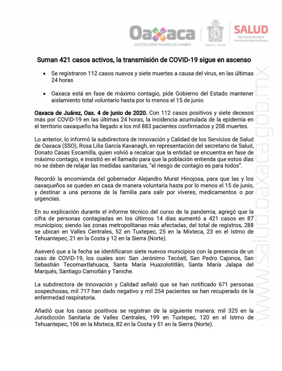 SSO_GobOax's tweet photo. Con 112 casos positivos y 7 decesos más por #COVID19 en las últimas 24 horas, la incidencia acumulada de la epidemia en
#Oaxaca, ha llegado a los 1,883 pacientes confirmados y 208 muertes.
#YoMeGuardoPorOaxaca https://t.co/a1tYoeTmmG