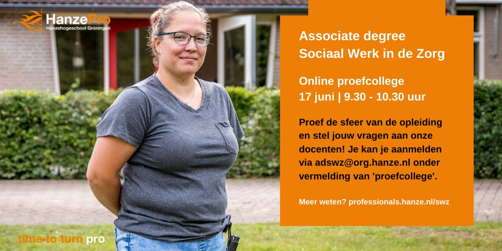 Wil je graag werken in de sector Zorg en Welzijn, of ben je daarin al werkzaam? Meld je aan voor een online proefcollege van de opleiding Sociaal werk in de Zorg op 17 juni van 9.30-10.30 uur. Proef de sfeer en stel jouw vragen. Aanmelden via professionals.hanze.nl/swz