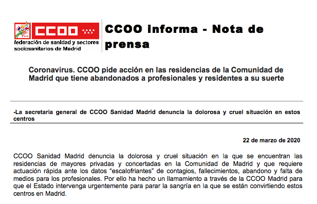 #PonemosCaraALaDependencia 

📅 22 de marzo, una semana Estado de Alarma #COVID19 

<a href="/CCOOSanidadMad/">CCOO Sanidad Madrid</a> <a href="/CCOOMadrid/">CCOO de Madrid</a> <a href="/fssccoo/">FSS-CCOO</a> denuncia situación en las residencias de mayores👵👴 <a href="/ComunidadMadrid/">Comunidad de Madrid</a> 

<a href="/IdiazAyuso/">Isabel Díaz Ayuso</a> <a href="/eruizescudero/">Enrique Ruiz Escudero</a> <a href="/ignacioaguado/">Ignacio Aguado 🇪🇸</a> 

NO hicieron caso‼️

infolibre.es/noticias/polit…