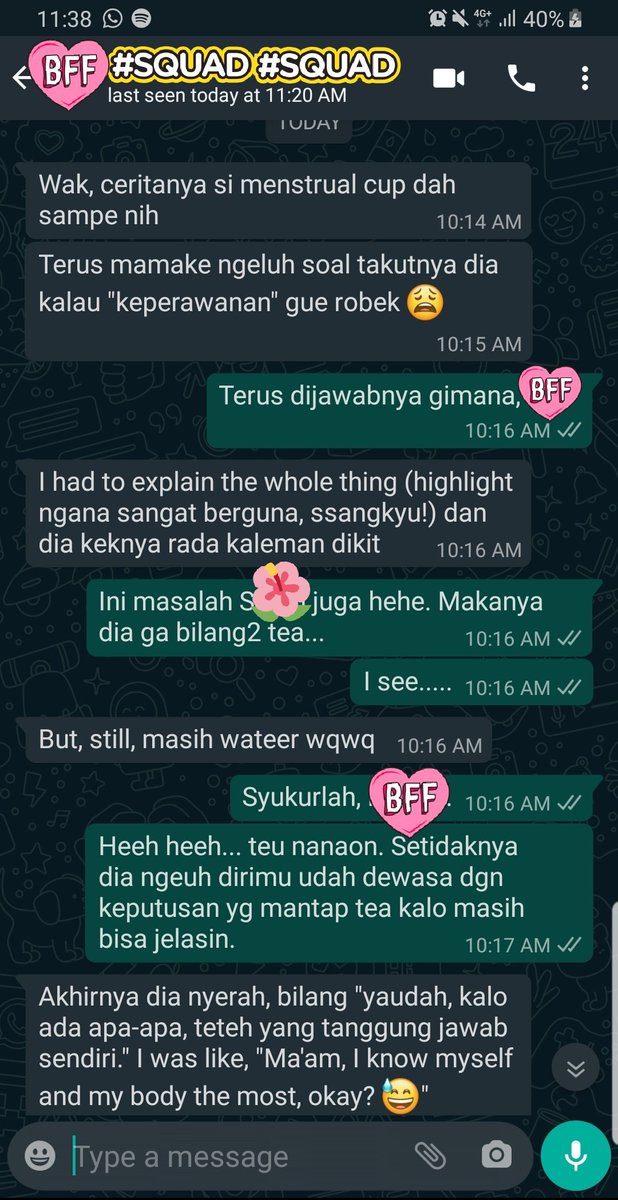 Terlampir pengalaman dan perjuangan memakai mens cup dari temen2 ARMY-ku yang masih sangat muda2. They're both still in college dan sebaya.Yang kiri udah nyoba dari tahun lalu.Yang kanan chatnya baru jam 10 hari ini. She triggers me to make this thread here hahaha.