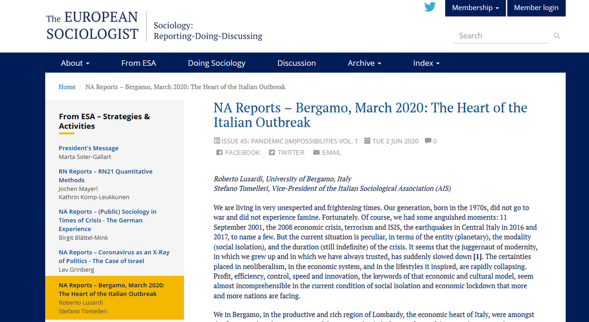 ESA_Sociology's tweet photo. "We in Bergamo, in the productive and rich region of Lombardy, the economic heart of Italy, were amongst the first to realise the uniqueness of this event." #COVIDー19
Report from Italy by @Tomelleri, VP of @newsAIS, and Roberto Lusardi in #TES45: https://t.co/D6UNh3Vlp1 https://t.co/HyPwhPyalb
