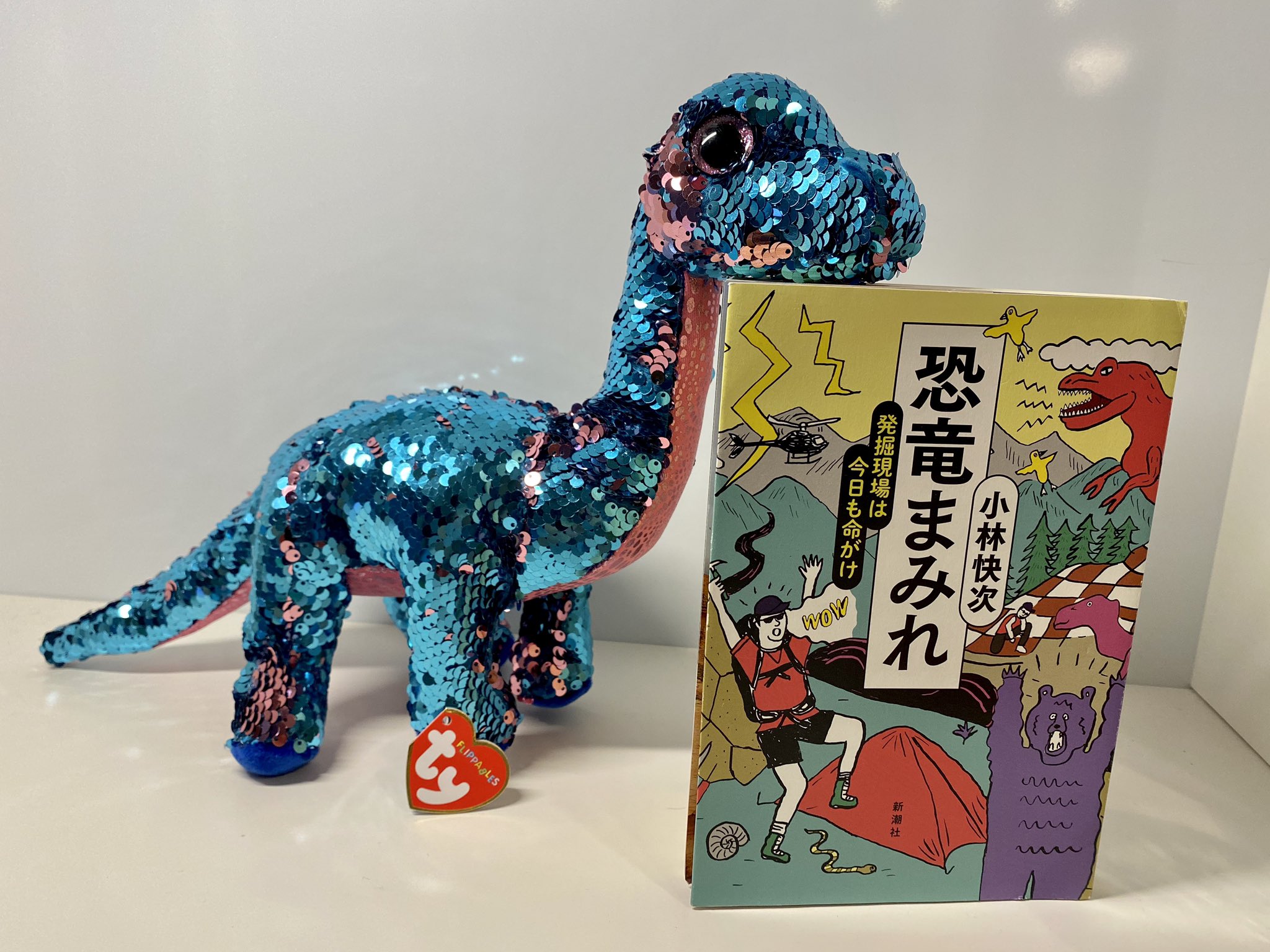 小林快次 恐竜まみれ Official Spacex で宇宙に行ったアパトサウルスの トレモア が編集部に来ました 注文しました 恐竜まみれ と並べるとこんな大きさ ブルーとピンクのキラキラです 明後日の 子ども科学電話相談 は 昆虫 動物