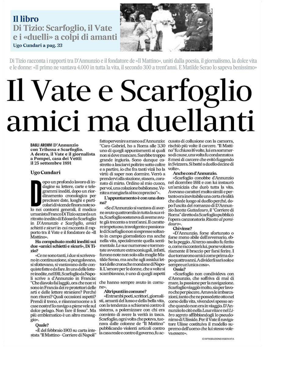 vittoriale's tweet photo. Il #quotidiano @mattinodinapoli presenta il rapporto tra il Vate Gabriele d'Annunzio e Scarfoglio, giornalista partenopeo, tra #poesia, donne e #duelli: i due si sfidarono all'arma bianca per una tenzone letteraria ma tornarono complici come prima. https://t.co/wrIrEOjPgG