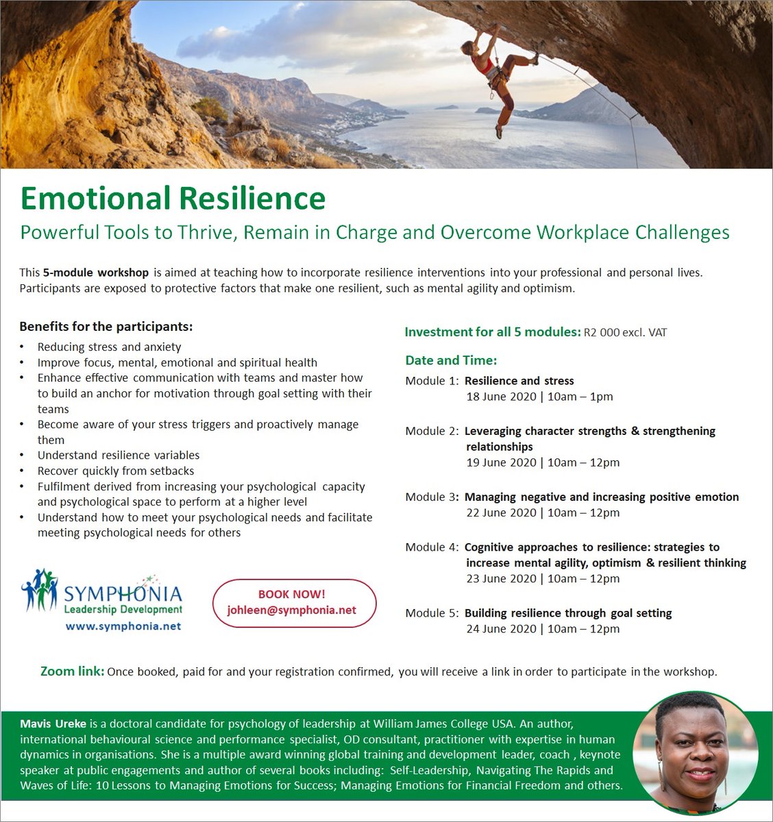 We are so excited to have teamed up with the very charismatic #MavisUreke to bring you a 5 part online workshop on #EmotionalResilience.

Don't miss out on this incredible series!

Follow the link to book
bookings.symphonia.net/booking_form_x…

<a href="/mazhuramavis/">Mavis Mazhura</a>