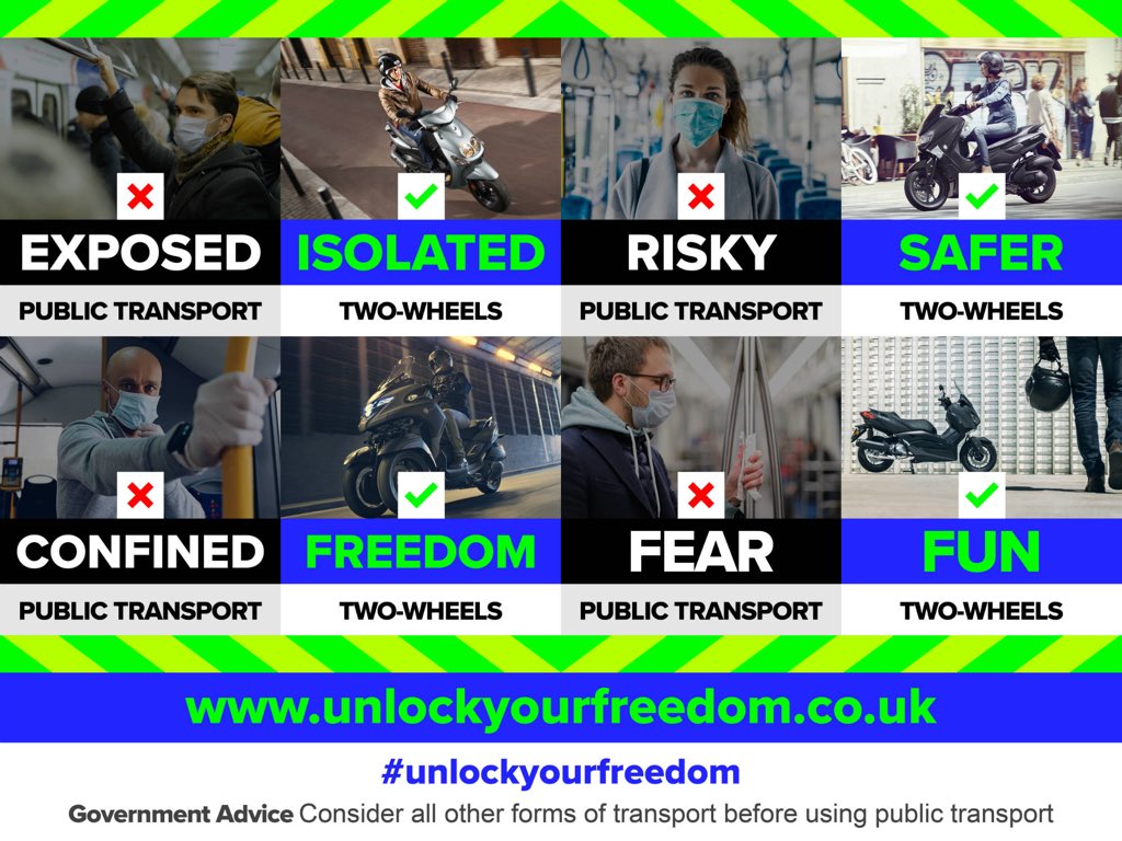 The Motorcycle Industry Association has a new campaign to encourage those who can to make more use of powered two wheelers rather than using public transport. 
Please share the message as widely as possible. #UnlockYourFreedom