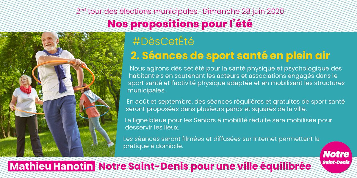 NotreSaintDenis's tweet photo. #PourCetÉté / Proposition N°2 : Nous organiserons des séances de sport santé en plein air.

#VilleEquilibrée #VilleRésiliente #Municipales2020 #Hanotin2020 https://t.co/1WBmieaZ6E