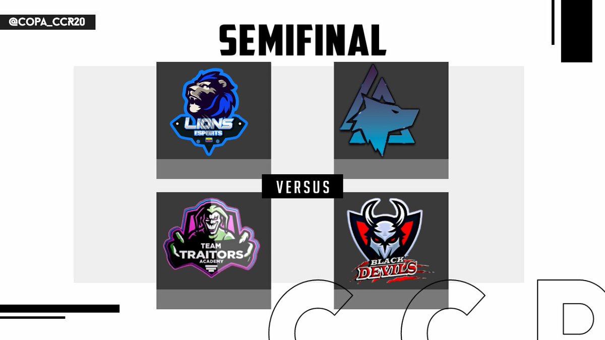 #SEMIFINAL

<a href="/BlackdevilsCr/">BlackdevilsCr</a> 

VS

@LAGWolves

<a href="/TT_AcademyCR/">🃏 𝓣𝓮𝓪𝓶 𝓣𝓻𝓪𝓲𝓽𝓸𝓻𝓼 𝓐𝓬𝓪𝓭𝓮𝓶𝔂 🃏</a> 

VS

<a href="/lions_esportsTM/">Lions eSports™</a> 

Estos 4 equipos han mostrado un gran nivel a lo largo de la competencia, pero solo 2 equipos pasaran a la gran final

#CCR