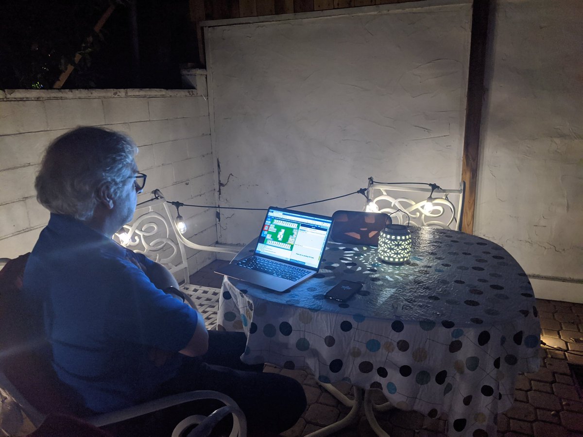 jhjones's tweet image. Here's @BridgeMojo directing an #onlinebridge @ACBLbridge @BridgeBase tournament in our back yard. ♠️,♥️♦️♣️