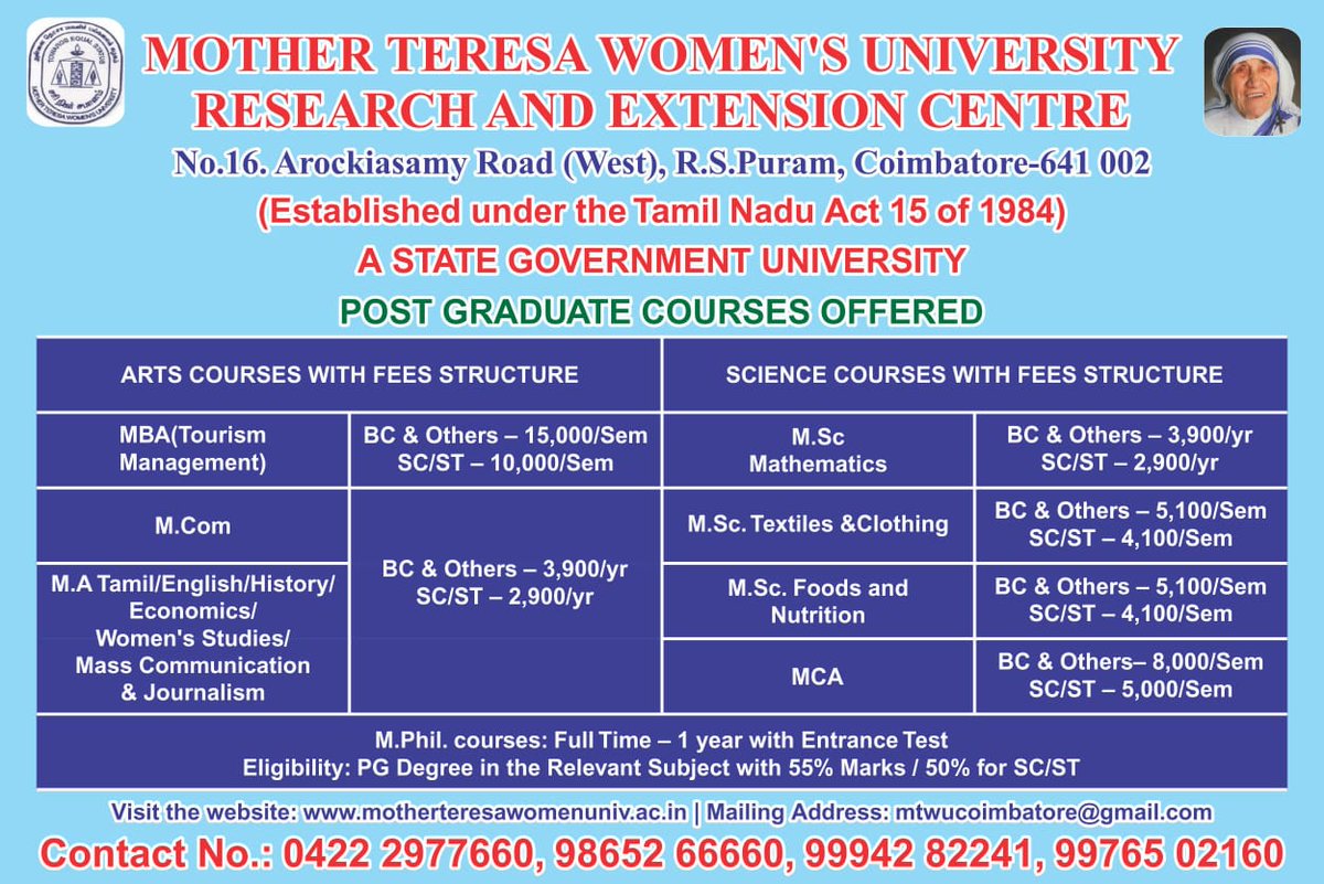mtwukodaikkanal's tweet image. Admissions open for the academic year 2020-2021
Mother Teresa Women's University,Kodaikkanal
#Coimbatore_Centre
#MTWU