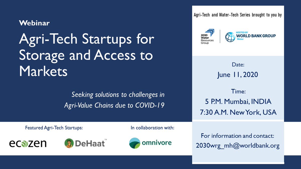 We are glad to invite you to our third #agritech webinar Agri-Tech Startups for Storage & Access to Markets. In collaboration w/Omnivore #Innovation #CollectiveAction 🗓️Thursday, June 11 ⏰5 pm Mumbai, India | 7:30 am New York, USA Please register here: bit.ly/2z02oSU