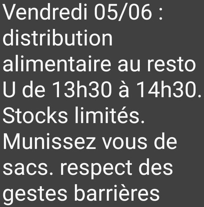 RAGEUPVD's tweet photo. Etudiant(e)s logés par le @crousmontpel, la #Distribution hebdo de #Denrées prévue sur #Perpignan en collaboration avec la #BanqueAlimentaire des #PyrénéesOrientales aura lieu ce vendredi 05/06 à partir de 13h30 à l'@upvd1 !
#Coronavirus #CROUS #Etudiant #Santé #Université #UPVD https://t.co/n0UJOU3FlG