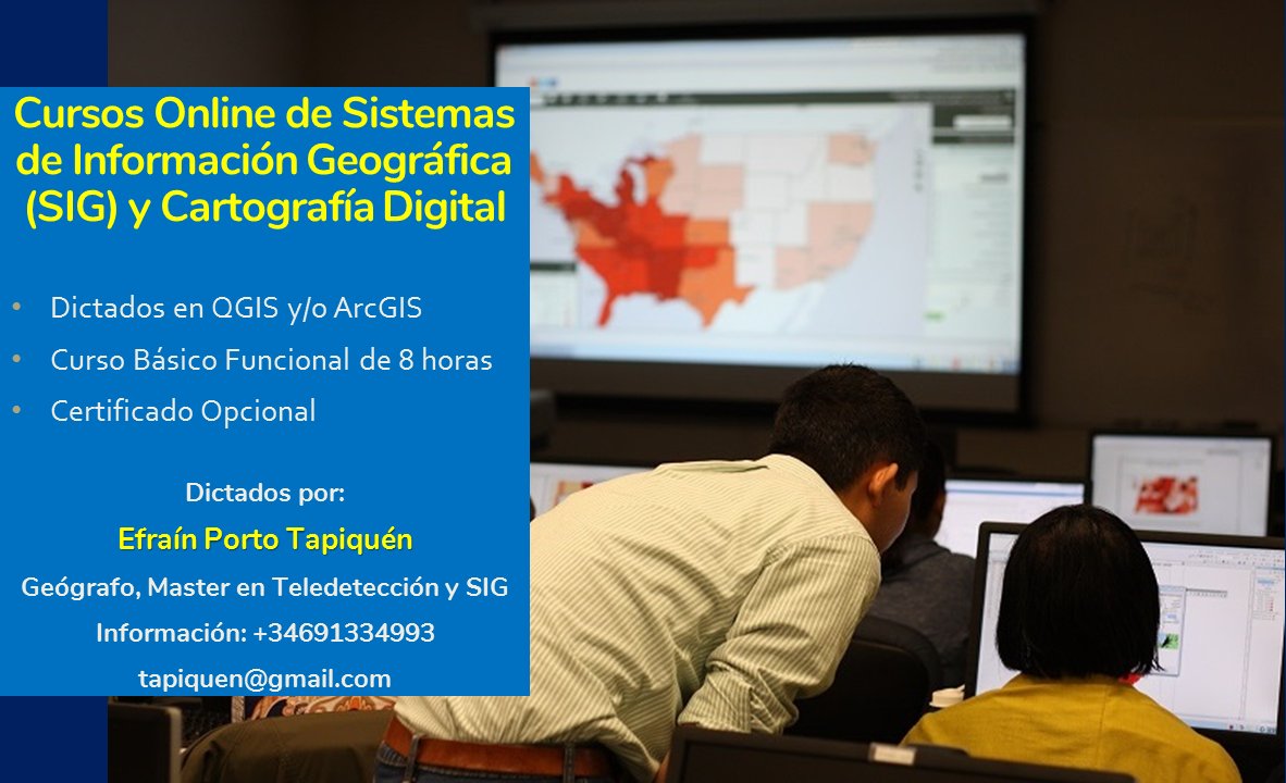 Aprovecha para iniciarte en el mundo de los SIG, o refuerza tus conocimientos con el curso básico de Sistemas de Información Geográfica y Cartografía Digital online. Contáctame para más información: tapiquen@gmail.com o ingresa a la página tapiquen-sig.jimdofree.com