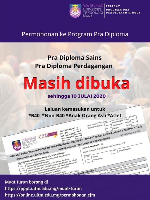 Uitm Seri Iskandar Infopelajar2u V Twitter Permohonan Program Pra Diploma Sains Pra Diploma Perdagangan Di Uitm Dibuka Sehingga 10 Julai 2020 1 Calon Lepasan Spm 2014 2019 Bumiputera Layak Memohon 2