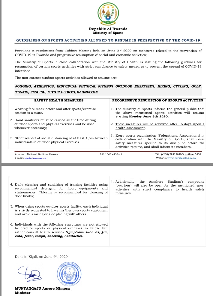 Rwanda_Sports's tweet photo. Guidelines on Sports activities allowed to resume in perspective of the COVID-19

Amabwiriza  agenga isubukurwa ry’ibikorwa bya siporo n’imikino hirindwa COVID-19 @AuroreMimosa @Rwandapolice https://t.co/0DNhaW4pku