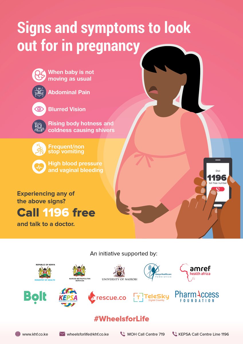 Are you in Nairobi County and experiencing some worrying symptoms of pregnancy?
Is this happening during curfew hours?
Dial toll free number 1196 and talk to a doctor. If needed, you can get a free ride to a health facility. 
#WheelsForLife #ZeroMaternalDeaths