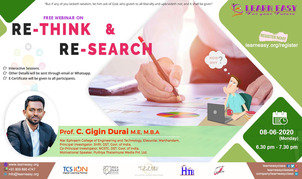 learneasyclass's tweet photo. Free Online Webinar - "Re-Think & Re-Search"
Date: 08.06.2020 (Monday) 6.30 pm.
Register: https://t.co/zSnvJKmK5B
Queries: +91 8098904747
#learneasy #learneasyclass #learneasyonline #skills #webinar #research #rethink #marephraem #career #COVID19 #mar #scholar #gigindurai https://t.co/YzXJweQy6x