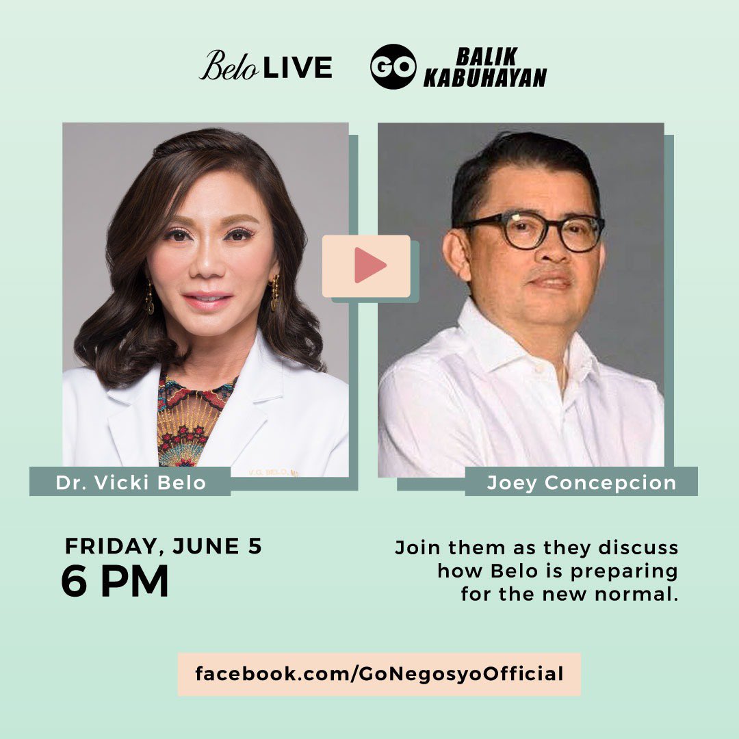Victoria G. Belo, MD (@vickibelo) on Twitter photo Let’s help each other navigate through the New Normal! I’ll be sharing our new safety measures and what we’ve learned, as we have slowly reopened our clinics. Join us later at 6PM in <a href="/letsgonegosyo/">Go Negosyo Official</a> ‘s Facebook Live. Let’s help each other navigate through the New Normal! I’ll be sharing our new safety measures and what we’ve learned, as we have slowly reopened our clinics. Join us later at 6PM in <a href="/letsgonegosyo/">Go Negosyo Official</a> ‘s Facebook Live.