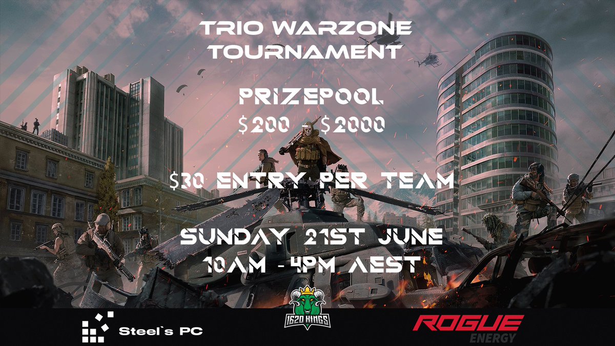 1620Kings's tweet photo. COD TRIOS WARZONE TOURNAMENT!
Event details π
https://t.co/SoV9eHwfVy
#lfsanzcod #cod #codaus #oceania https://t.co/3FIgWYVfbq