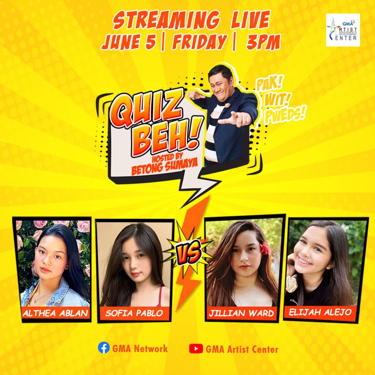 Sparkle_GMA's tweet photo. Mga Kapuso, isang oras na lang... #QuizBeh na!!! Abangan sina @ablan_althea, @realsofiapablo, @fruitward, @elijah_alejo. Makisaya sa aming Twitter party habang nanonood gamit ang mga hashtag na: #PrimaDonnasOnQuizBeh at #QuizBeh. Kita-kits online!!! 😊 https://t.co/H9Cqbz60Mu