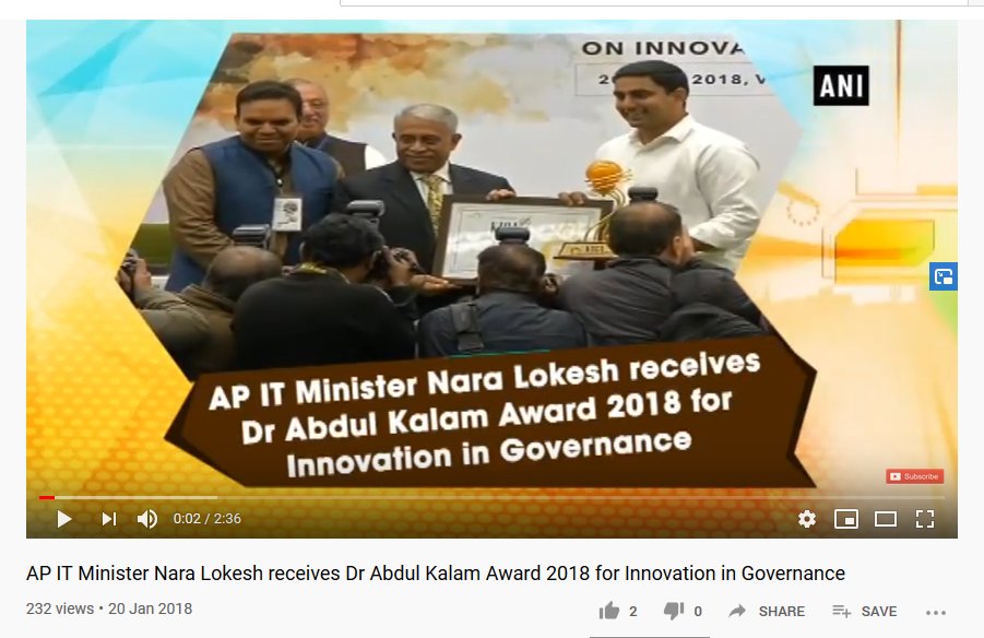 TDPAwards- Nara Lokesh2019WEF recognises Nara Lokesh as Young Global Leader2018"Digital Leader of the Year"-Businessworld Digital India Summit2018Dr Abdul Kalam Award for Innovation in Governance-Fun fact2000Lokesh led a team of 8 in the design of a concept car !